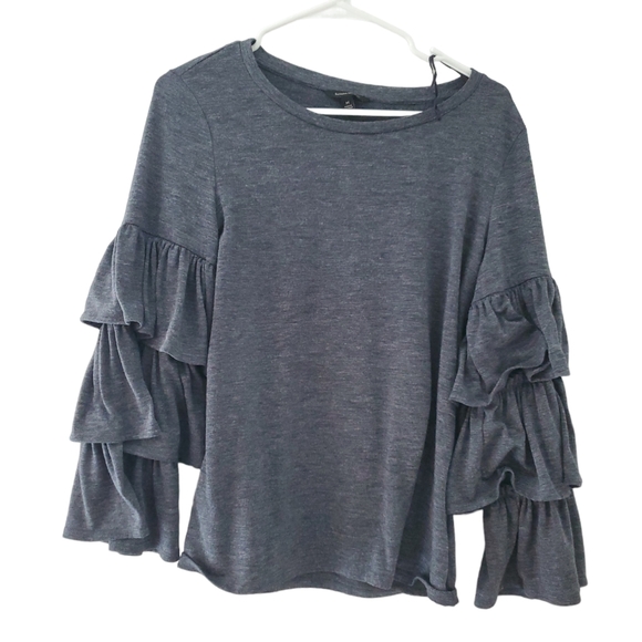 Banana Republic Womens Tiered Ruffle Sleeve Top Size M Gray Crew Neck Pullover - Picture 2 of 6